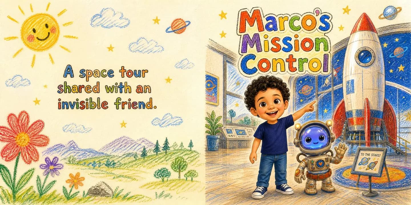 A boy pointing at a crayon-drawn rocket beside a small astronaut companion, on the cover of a personalised storybook