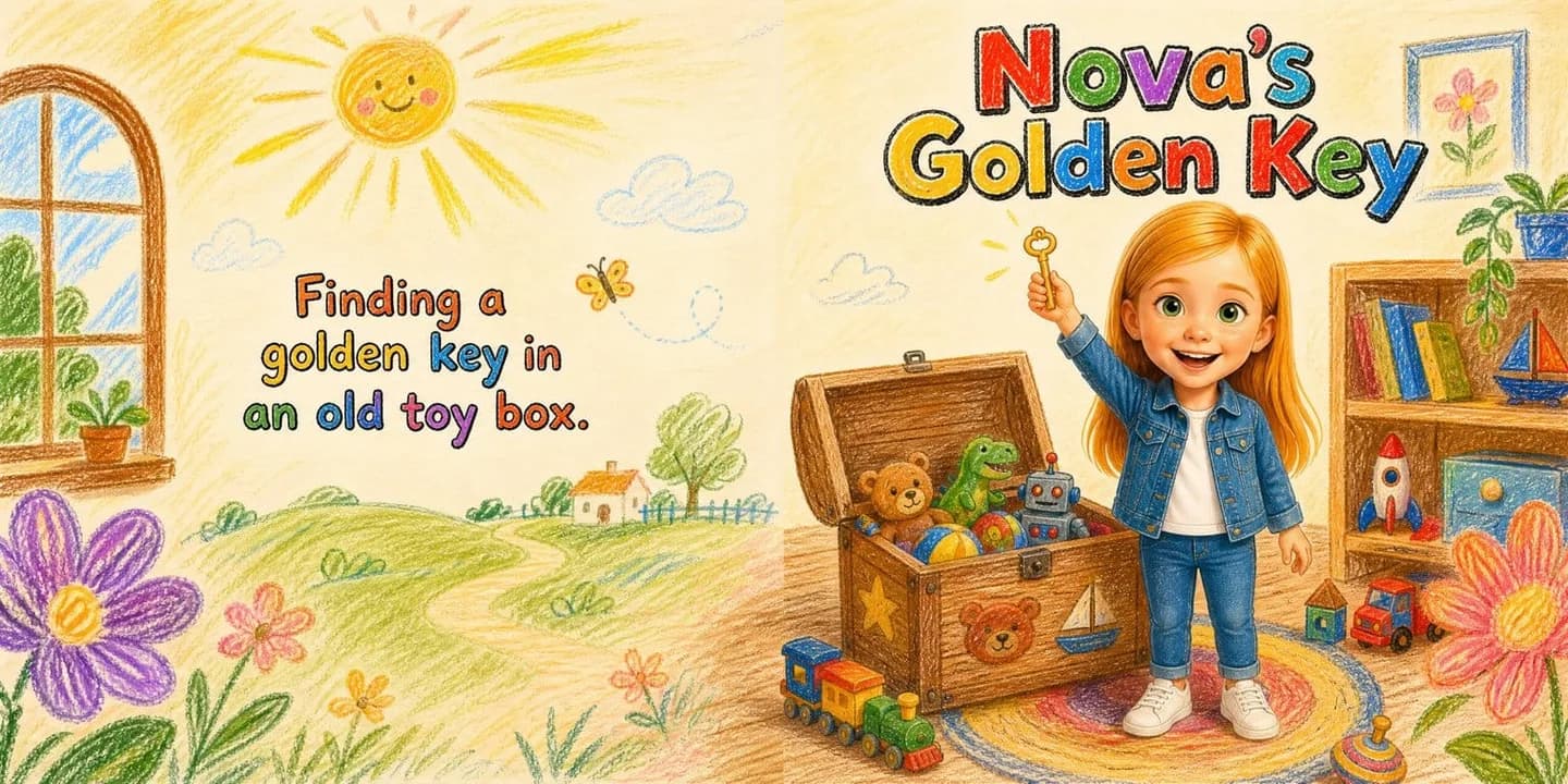 A crayon-style illustration of a girl holding a small golden key beside an open wooden toy box, from the cover of a personalised storybook