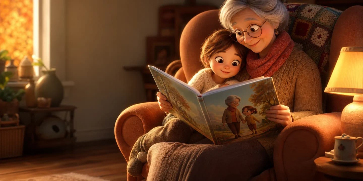 A grandmother and a small child sitting together in an armchair, reading a picture book with both of them drawn on the page