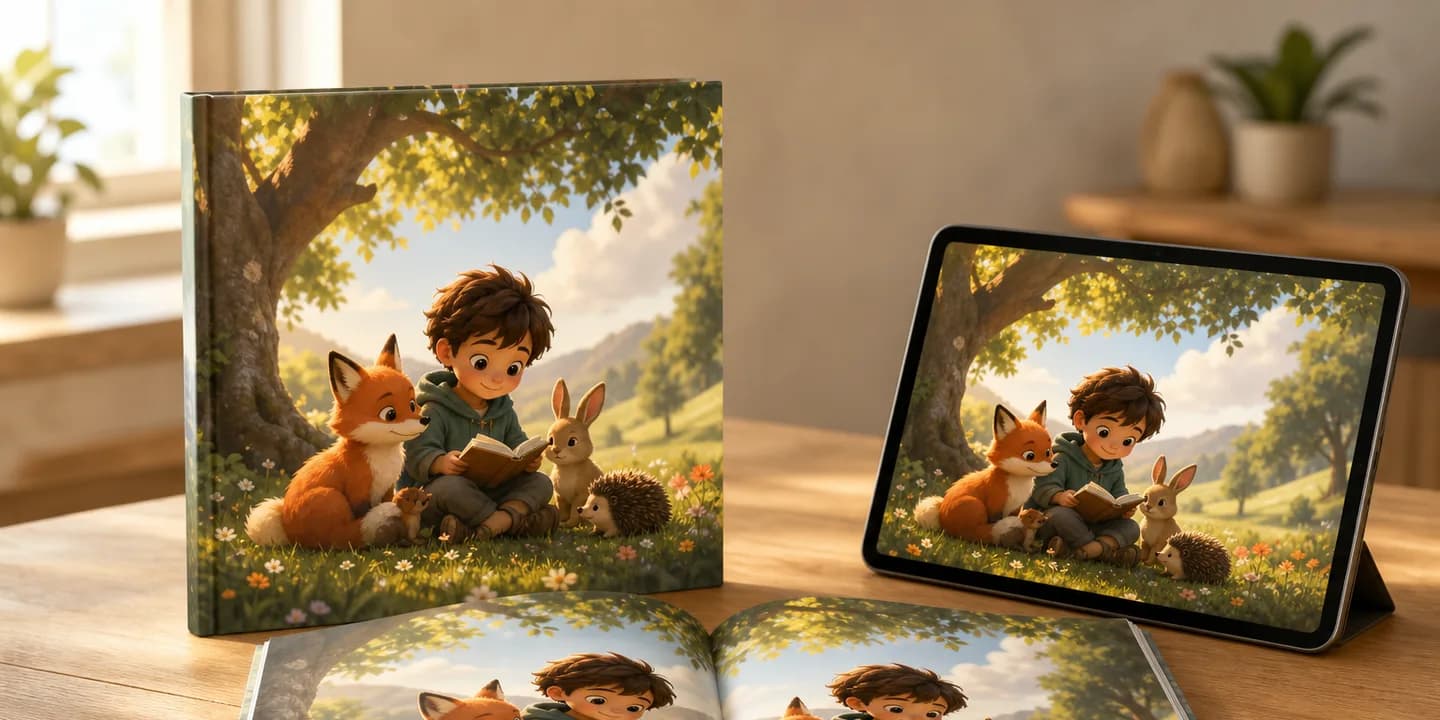 A square hardcover children's book standing beside a softcover copy and a tablet showing the same book open