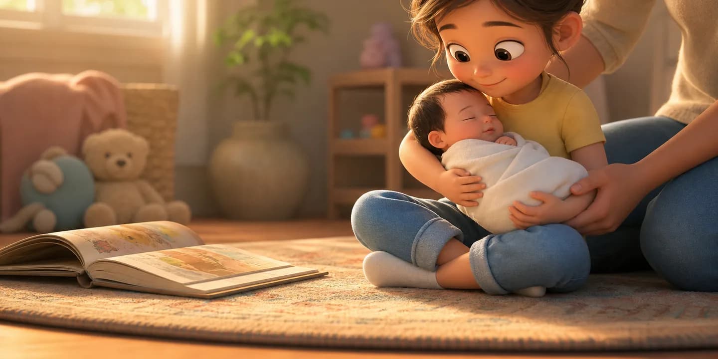 An older child sitting on a rug proudly holding their newborn sibling in their lap, a parent's hands supporting from behind and an open picture book beside them