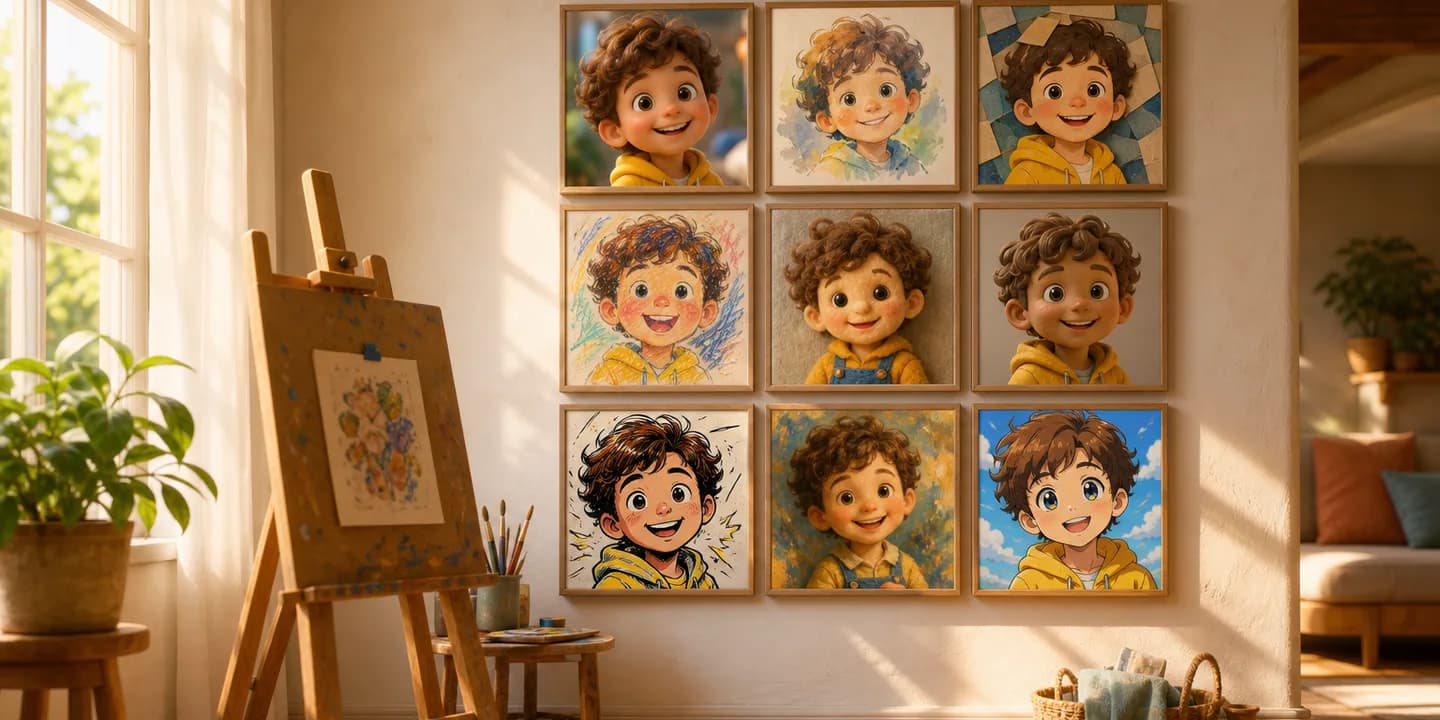 Nine small framed pictures of the same storybook child, each painted in a different illustration style, arranged on a sunlit wall