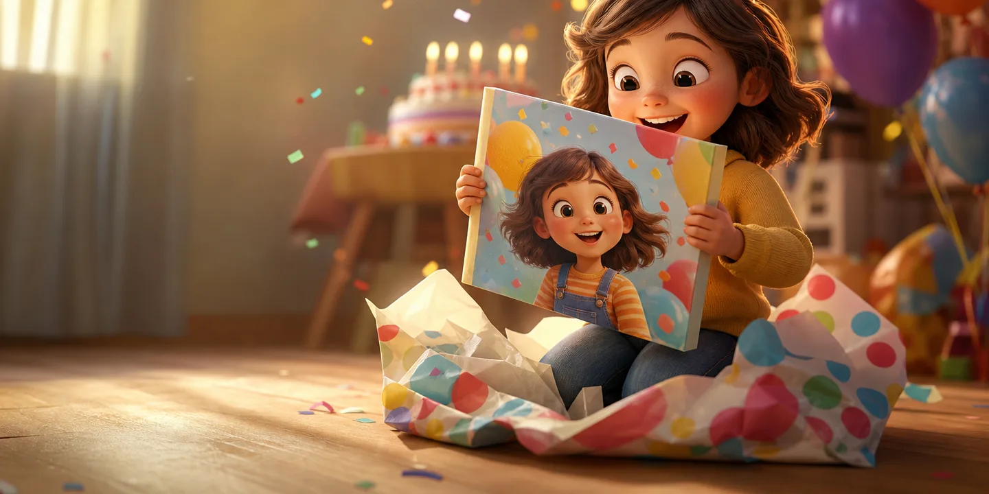 A child at a birthday party unwrapping a square picture book and lighting up at seeing themselves on the cover, with balloons and confetti around them