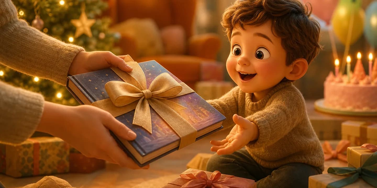 A ribbon-wrapped square picture book being handed to a delighted child, with Christmas lights and birthday balloons hinted around them