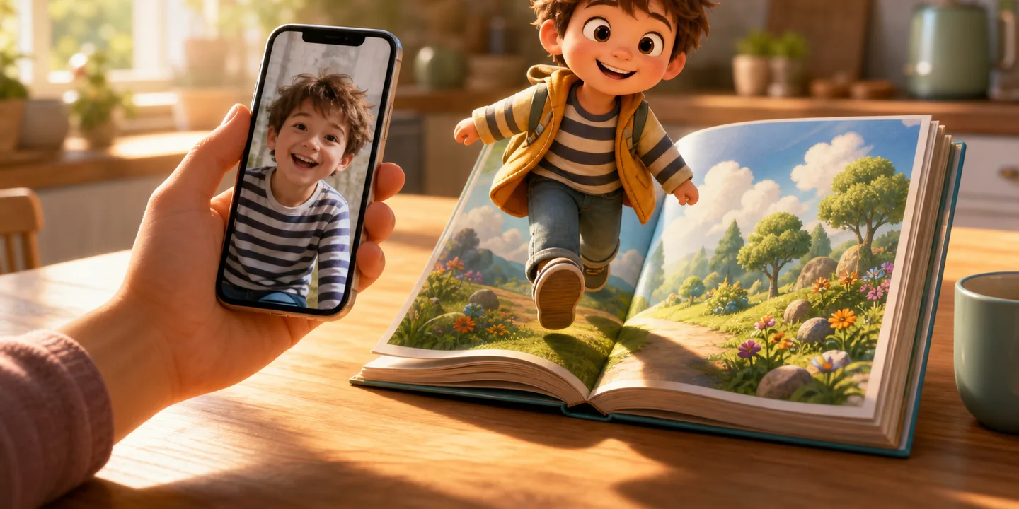 A parent's phone showing a snapshot of a smiling child on a sunlit kitchen table, and beside it the same child drawn as a cartoon storybook hero stepping out of an open picture book