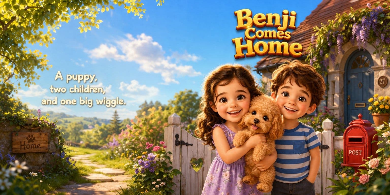 The front cover of “Benji Comes Home” — a real KindFable book, painted from one photo
