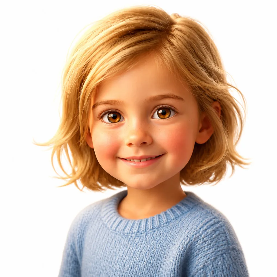 The same girl painted as a storybook hero by KindFable's AI — same hair, same brown eyes, same smile