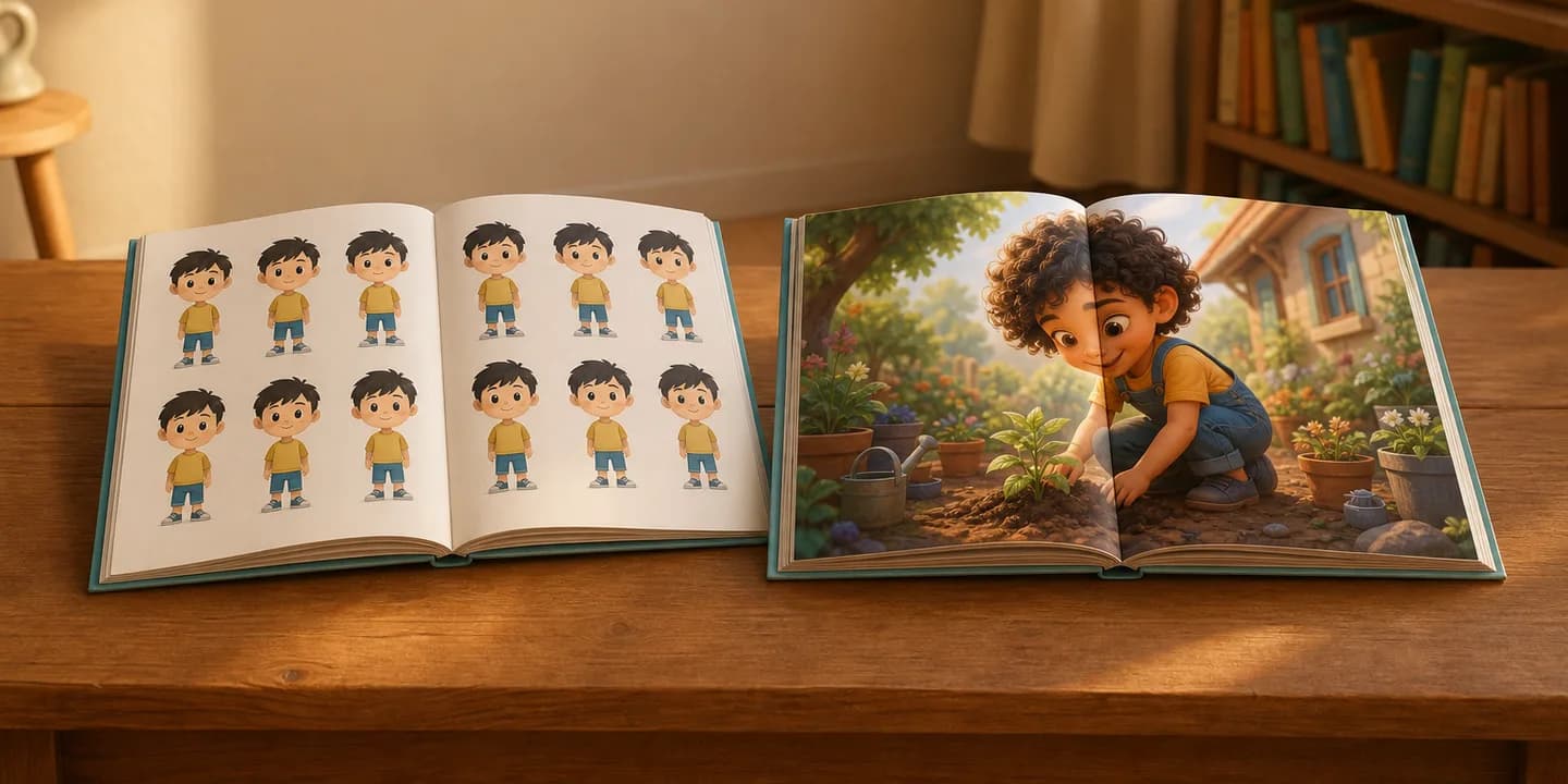 Two open picture books side by side on a wooden table — the left one filled with a grid of identical repeated cartoon boys, the right one showing a single curly-haired child planting seedlings in a sunlit garden