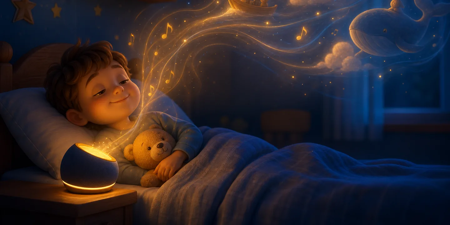 A child lying in bed at night hugging a teddy and smiling, with glowing musical notes and dreamlike shapes streaming into the air from a small bedside speaker