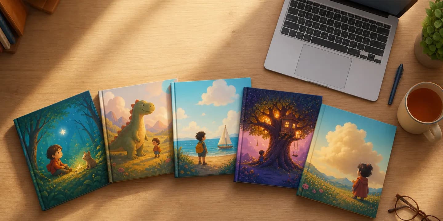 Five colourful square children's picture books fanned out on a wooden desk beside an open laptop, a mug of tea, a pen and reading glasses, seen from above in warm morning light