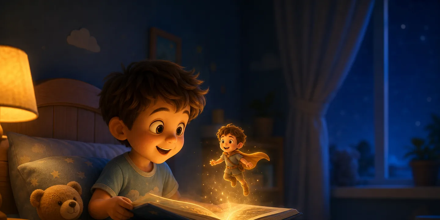 A child sitting up in bed at night holding an open picture book, with a small glowing version of themselves rising from the pages as the hero of the story