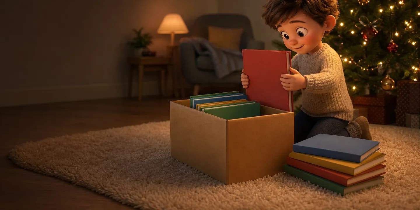 A cardboard box of Christmas books open on a living-room floor beside a lit tree, with a child kneeling to lift one out and a stack of others already beside them