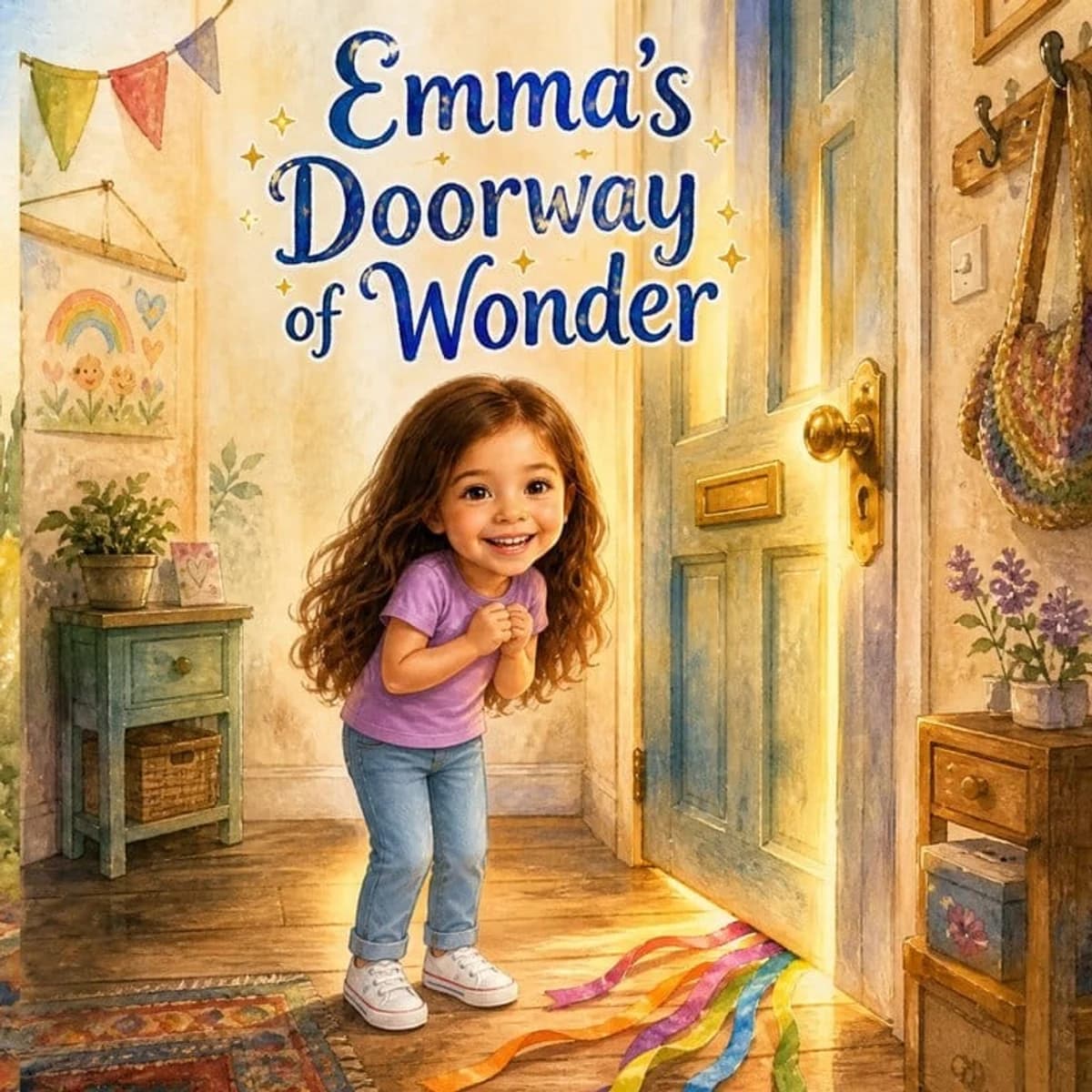 A curly-haired girl standing in a doorway with colorful ribbons at her feet, the title "Emma's Doorway of Wonder" above her, a party balloon garland visible behind her