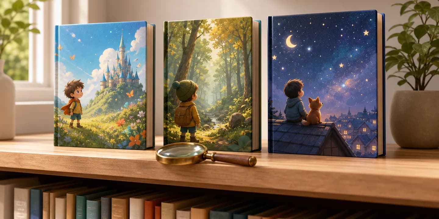 Three children's picture books standing upright on a shelf showing three different cover illustrations, with a magnifying glass resting on the shelf in front of them
