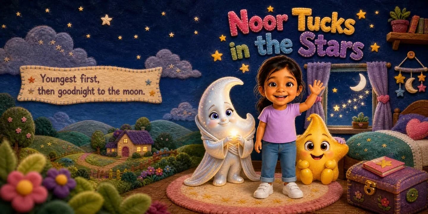 A girl waving beside a glowing crescent moon and a smiling golden star in a felt bedroom, on the cover of a personalised storybook
