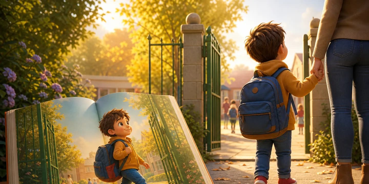 A small boy with a blue backpack holding a parent's hand at a green school gate in golden morning light, while an open picture book in the foreground shows the same boy striding happily through that gate as a storybook hero