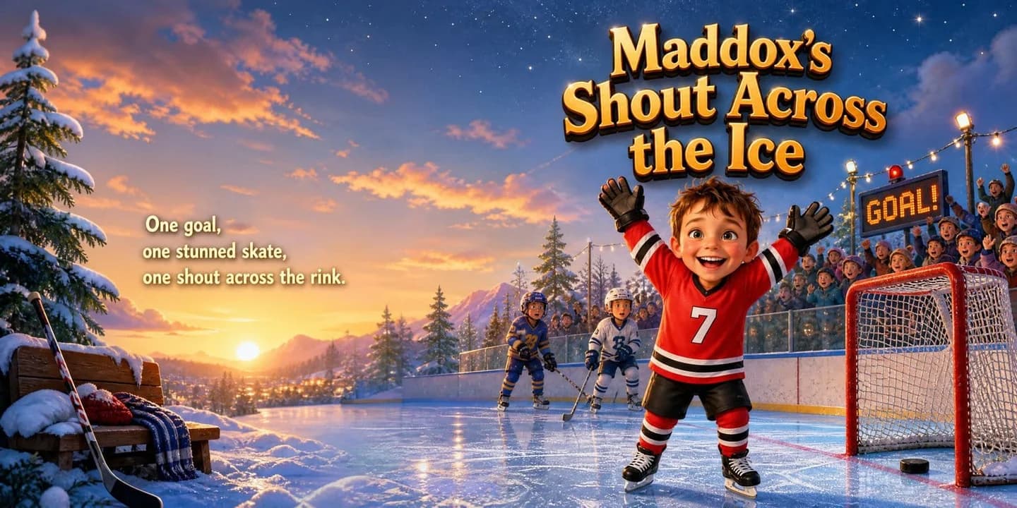 A young boy in a red hockey jersey with his arms raised on an ice rink, from the cover of a personalised storybook