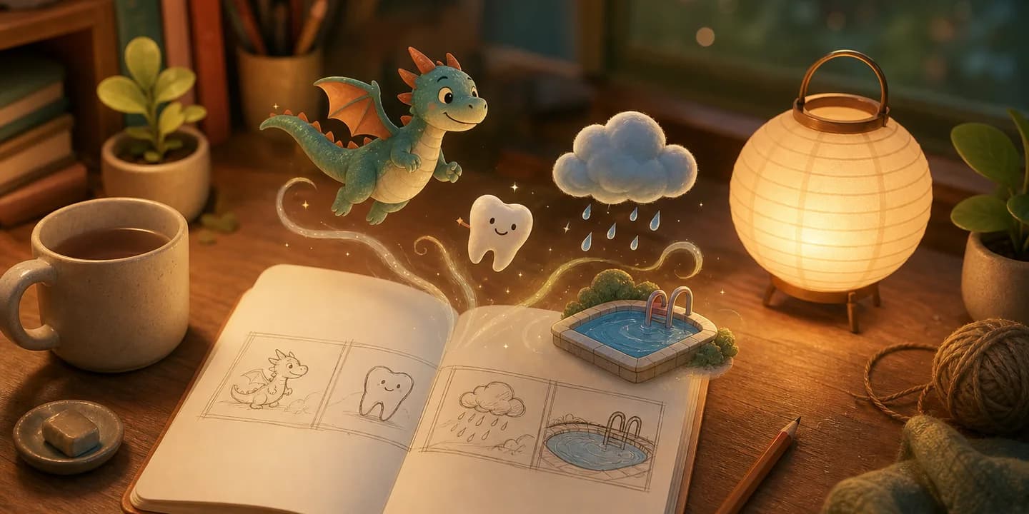 An open notebook on a lamplit desk with four simple story panels sketched in pencil — a dragon, a tooth, a rain cloud and a swimming pool — and the same four rising off the page in full colour