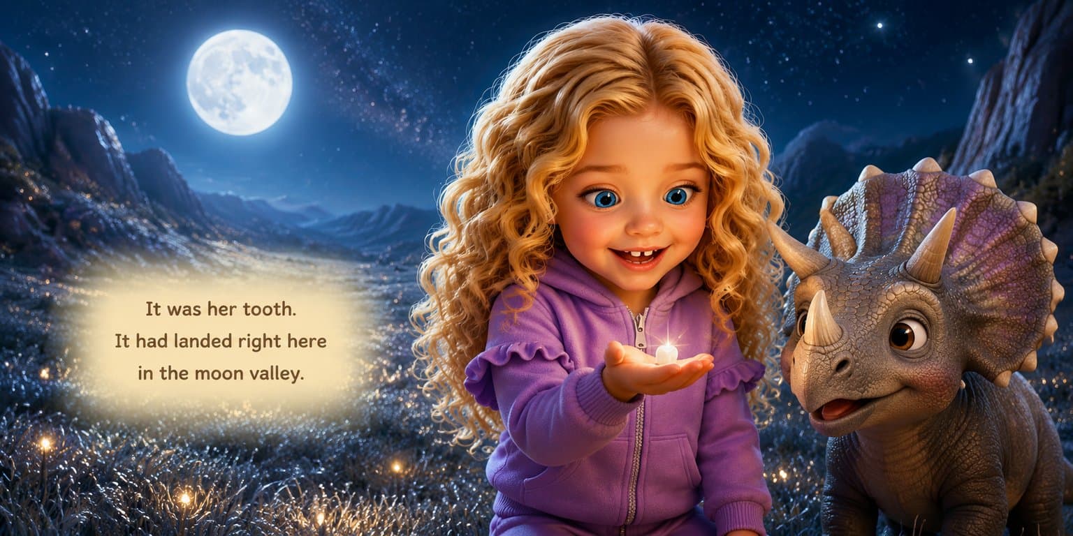 A finished painted page from Emma and the Moon Tooth — Emma meets a small triceratops under the full moon