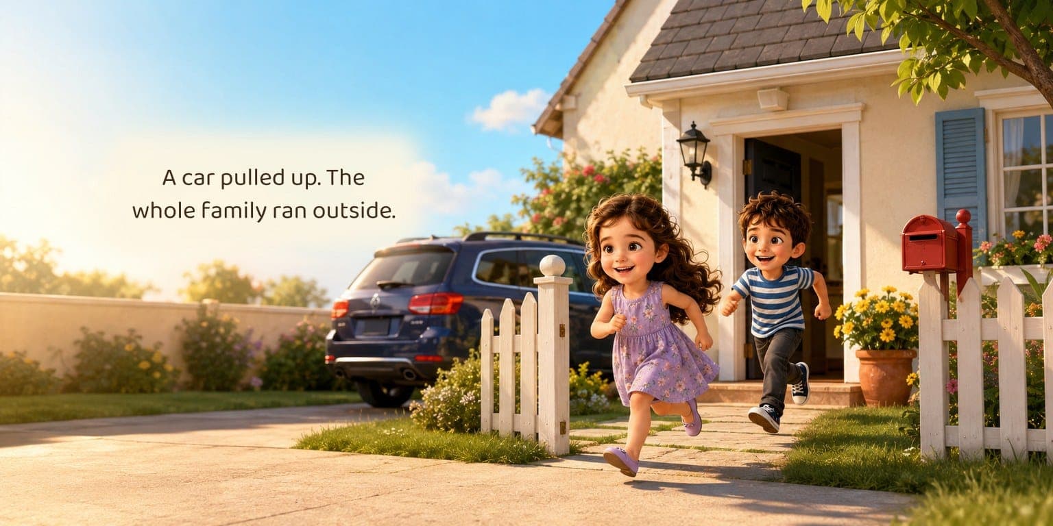 A storybook page showing a girl with curly brown hair and her younger brother running out of the front door of a cream-coloured house towards a parked car, with the story text set into the sky above them