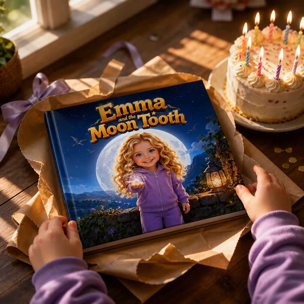 A child unwrapping a personalized storybook beside a birthday cake with lit candles