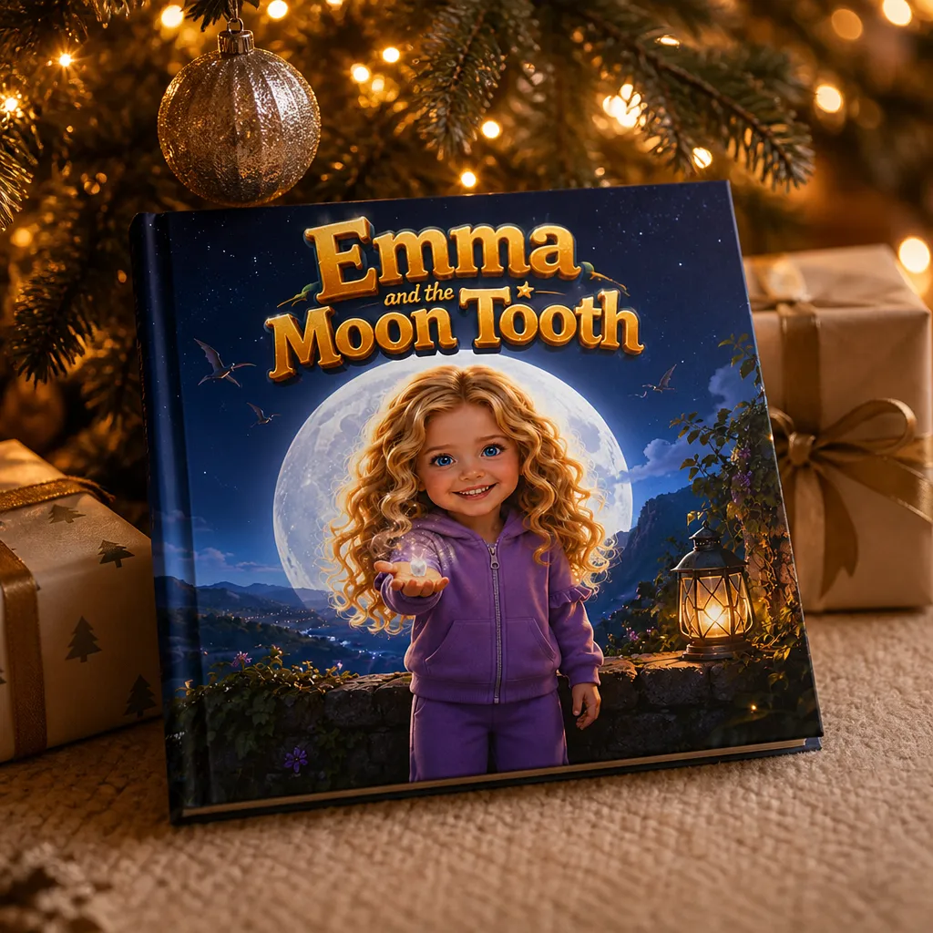 A personalized storybook resting under a Christmas tree among wrapped presents and warm fairy lights