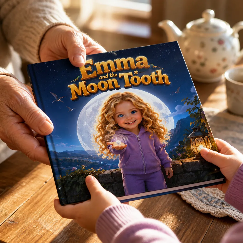 A grandparent's hands passing a personalized storybook into a child's small hands across a kitchen table