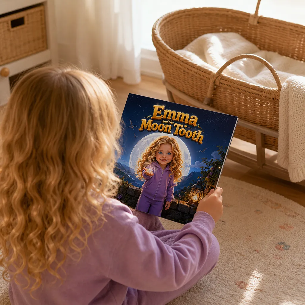 A big sibling sitting beside a bassinet, reading a personalized storybook in a sunlit nursery