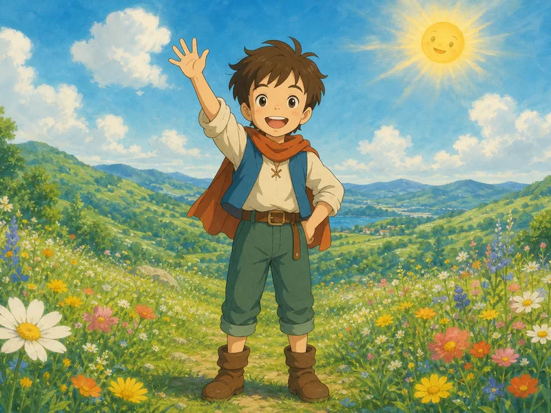 The same child in the meadow drawn in a warm cinematic anime style with a lush painted background