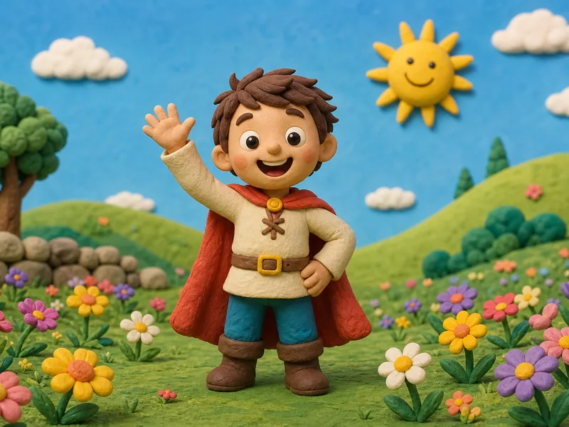 The same child in the meadow sculpted as a stop-motion clay character on a miniature set
