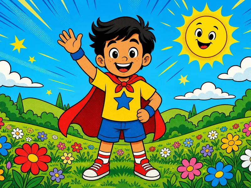 The same child in the meadow drawn as a bold kid-friendly comic with ink outlines and halftone color