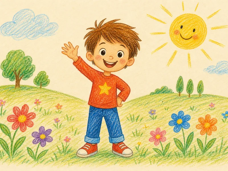 The same child in the meadow drawn in waxy childlike crayon strokes on cream paper