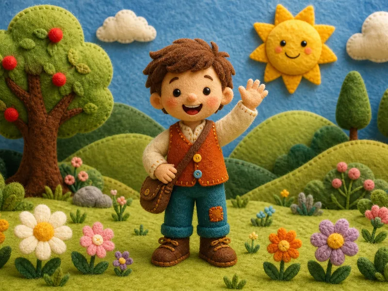 The same child in the meadow as a needle-felted wool character on a stitched felt stage