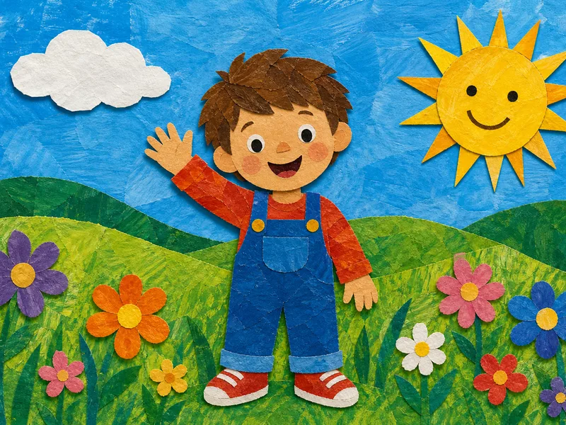 The same child in the meadow built from layered hand-painted cut-paper shapes