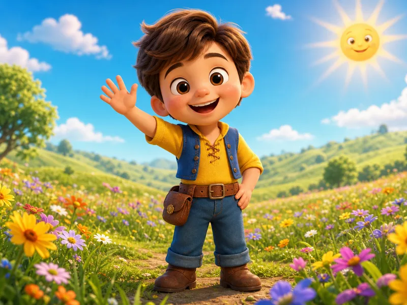 The same storybook child waving in a sunny flower meadow, rendered as a warm 3D animated movie character