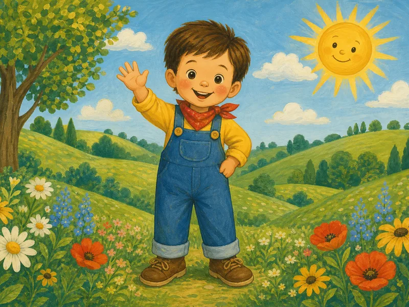 The same child in the meadow painted as a soft hand-drawn classic storybook illustration