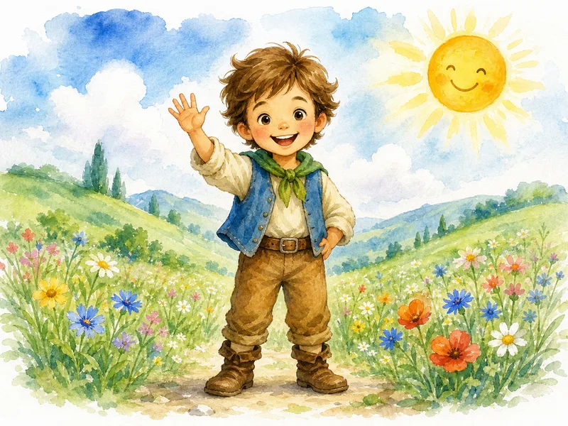The same child in the meadow as a luminous hand-painted watercolor illustration with soft bleeding washes